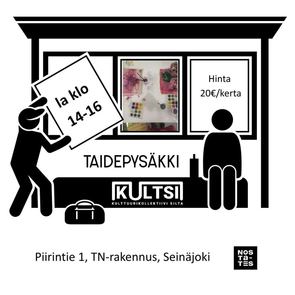 Kuva, jossa kaksi piirrettyä hahmoa. Toinen istuu pysäkillä, toinen irroittaa taulua seinästä.